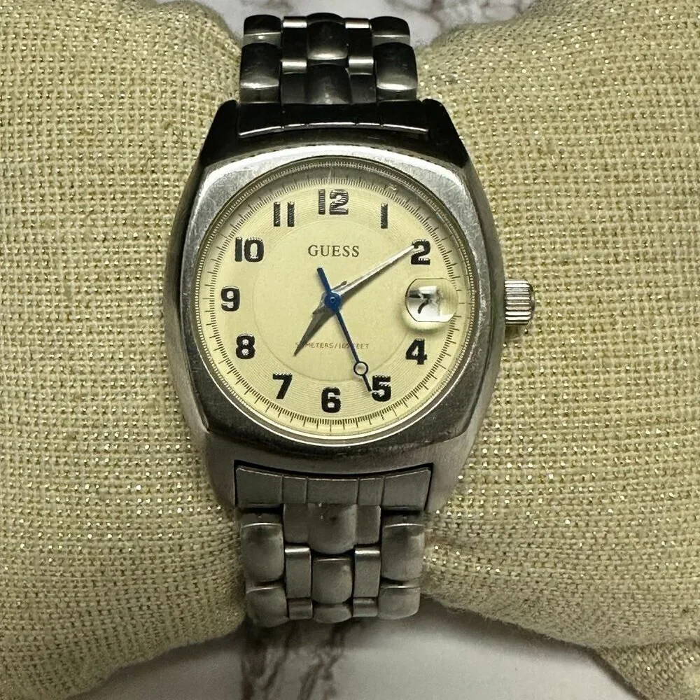 Vintage Guess Waterpro Watch Women Silver Tone Date Window New Battery 6.5 Inch